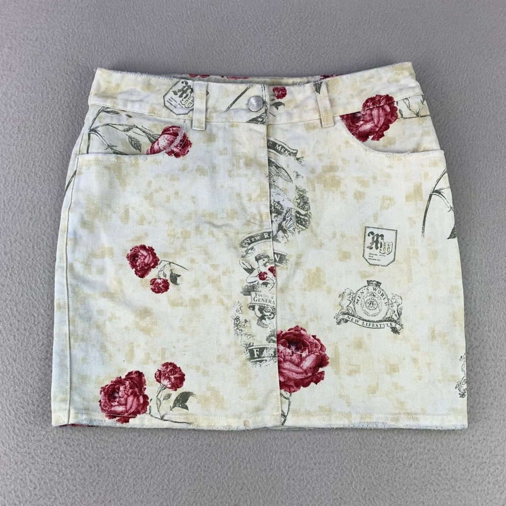 New Look Rose Print Denim Mini Skirt Women 10 Cream Floral Y2K Grunge Jean Skirt